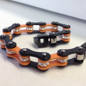 Woman's Biker chain bracelet Orange and Black with rhinestones